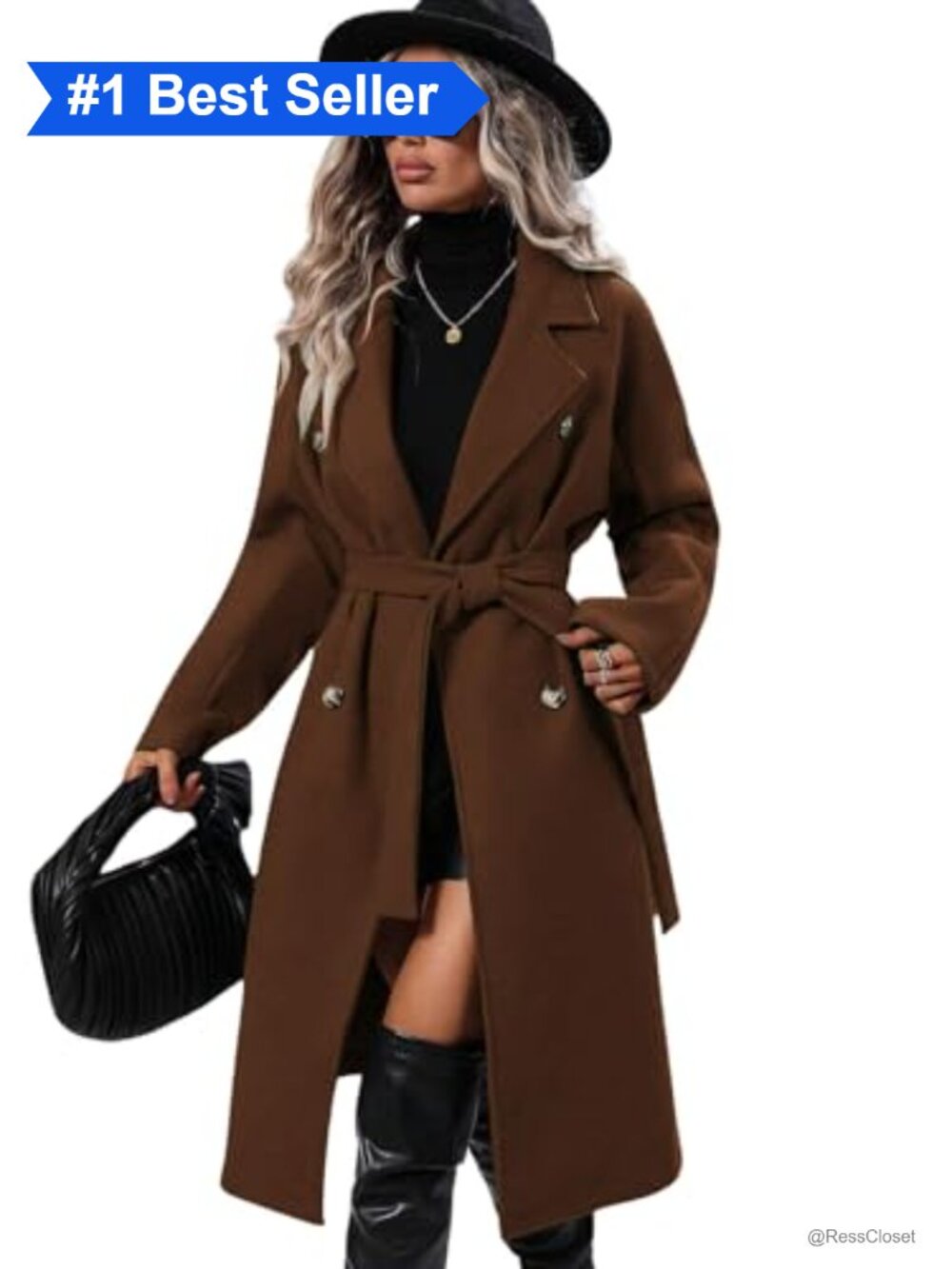 Wool Blend Long Pea Coat Double Breasted Trench Coat with Belt Winter Warm